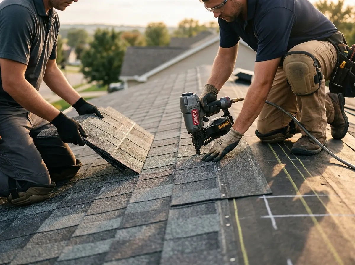 Professional roofer working on a residential roof in Palos Hills